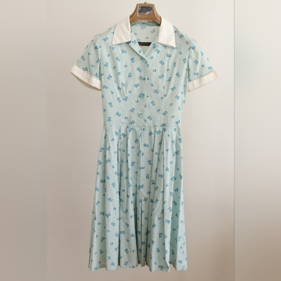 Vintage 1950s Blue & White Cotton Dress Rockabilly Pinup Extra Small - Picture 1 of 9